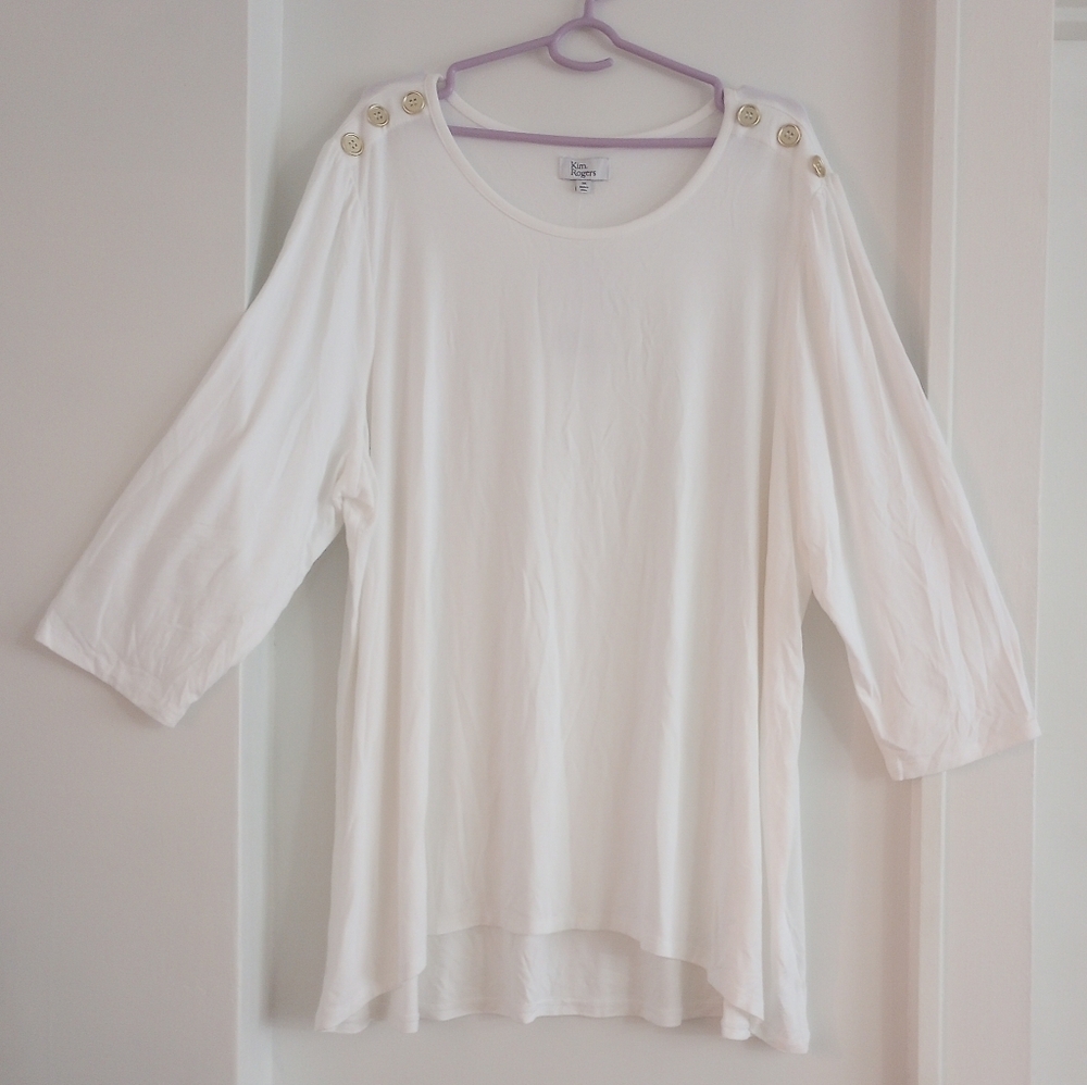 Kim Rogers White Long Sleeve Top Blouse with Gold Button Accents Size 2X